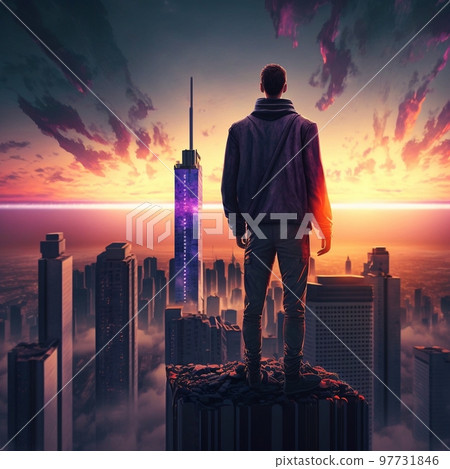 a man on top of skyscrapers looking at the city in the sunset rays 97731846