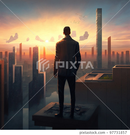 a man on top of skyscrapers looking at the city in the sunset rays a man on top of skyscrapers looking at the city in the sunset rays 97731857
