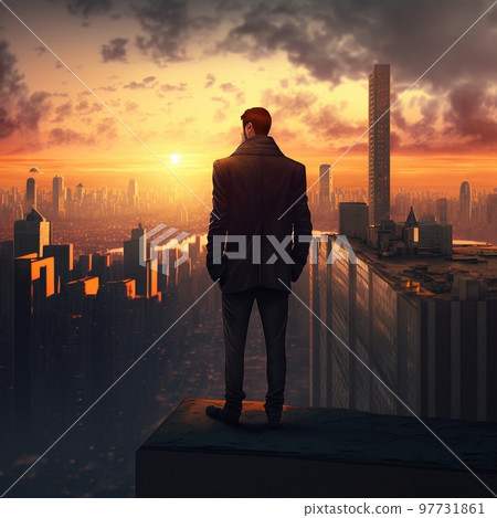 a man on top of skyscrapers looking at the city in the sunset rays 97731861