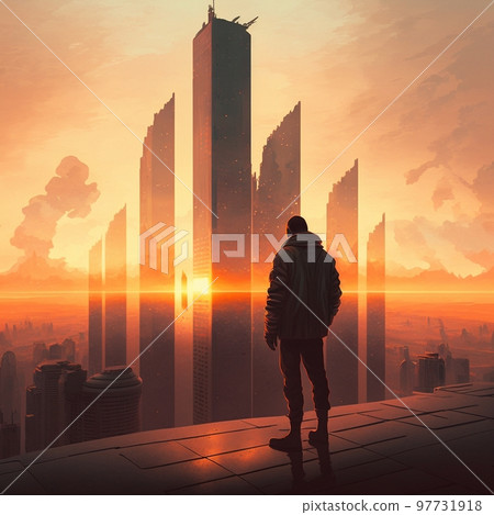 a man on top of skyscrapers looking at the city in the sunset rays 97731918