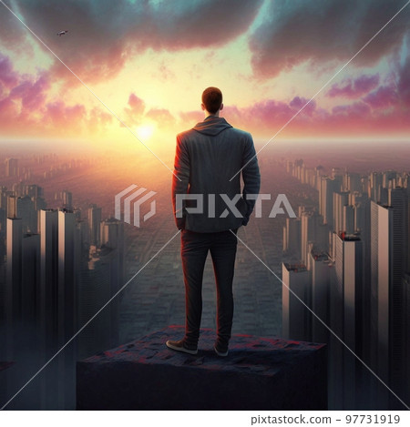 a man on top of skyscrapers looking at the city in the sunset rays 97731919