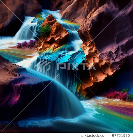 mountain stream with water shimmering with rainbow colors 97731920