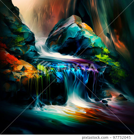 A rainbow stream splashes in the mountains 97732045