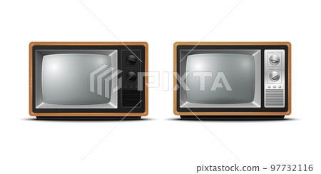 Vector 3d Realistic Brown Wooden Retro TV Receiver Isolated Icon Set Closeup Isolated on White Background. Home Interior Design Concept. Vintage TV Set, Television, Front View 97732116