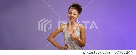 Satisfied good-looking charming african-american woman gladly grinning camera show thumb up pleased like great makeup artist work standing delighted approving recommending nice job, blue background Satisfied good-looking charming african-american woman gladly grinning camera show thumb up pleased like great makeup artist work standing delighted approving recommending nice job, blue background 97732244