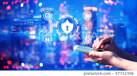 Cyber security theme with person using a smartphone at night Cyber security theme with person using a smartphone at night 97732306