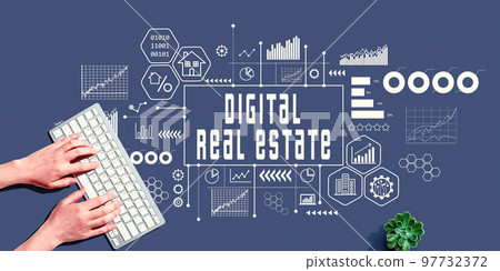 Digital Real Estate concept with person using pc keyboard Digital Real Estate concept with person using pc keyboard 97732372