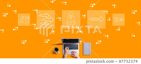 Rapid growth concept with person working with laptop Rapid growth concept with person working with laptop 97732374