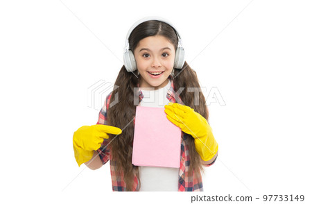 Cleaning worries away. Everything in its place. Cleaning supplies. Anti allergen cleaning products. Let music move you. Girl headphones and gloves cleaning. Make household more joyful. Have fun 97733149