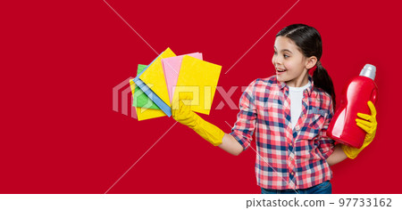 girl with softener detergent on background, banner. photo of girl with softener detergent. 97733162