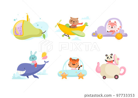 Cute baby animals using vehicles set. Adorable dog, tiger, panda, rabbit, octopus flying by plane, ride car and boat cartoon vector illustration 97733353