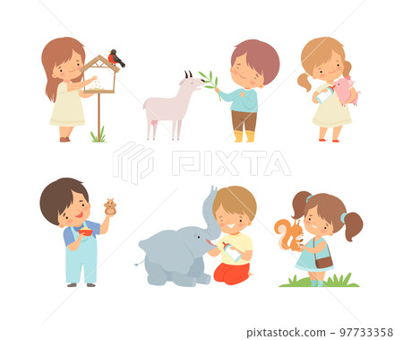 Set of cute kids feeding baby animals. Little boys and girls caring of bullfinch, goat, piglet, hamster, elephant, squirrel cartoon vector illustration 97733358