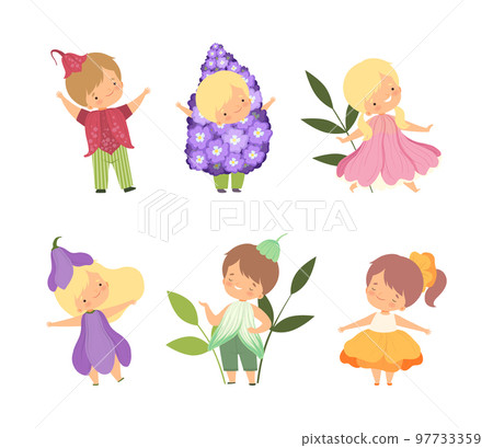 Cute kids in carnival costumes set. Little boys and girls dressed as flowers Vector Illustration cartoon vector illustration 97733359