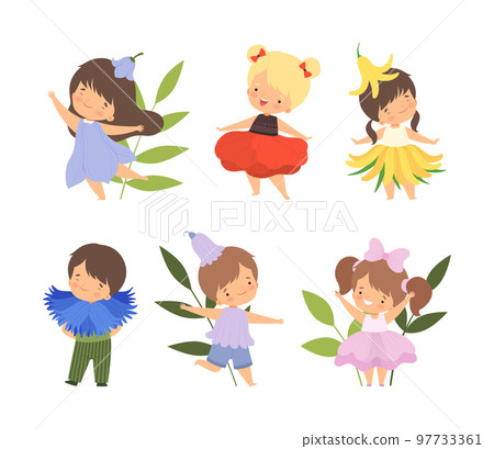 Cute kids dressed flowers carnival costumes set. Little boys and girls in festive clothes Vector Illustration cartoon vector illustration 97733361