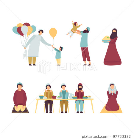 Muslim people celebrating Eid Al Adha Muslim Holy Islamic holiday set flat vector illustration Muslim people celebrating Eid Al Adha Muslim Holy Islamic holiday set flat vector illustration 97733382