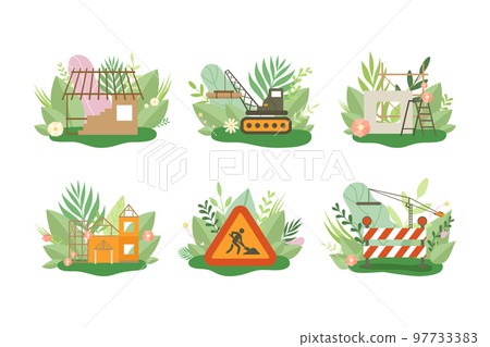 Construction process. Set of ecological house building with nature friendly construction materials cartoon vector illustration 97733383
