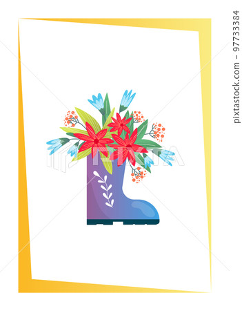 Floral card invitation design, vector illustration. Spring gardening background, greeting poster with flower. Poster with cartoon frame 97733384