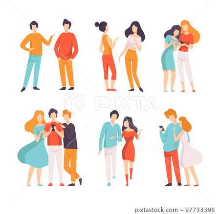 Communicating people set. Young men and women dressed in casual clothes talking to each other. Friends or colleagues meeting and chatting flat vector illustration 97733398