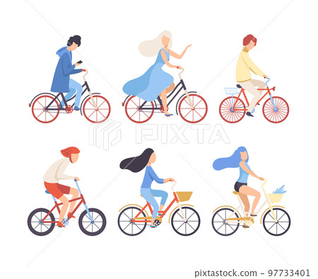 People riding bicycles set. Side view of cycling men and women exercising, relaxing or going to work. Eco friendly transport, healthy lifestyle flat vector 97733401