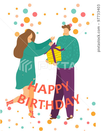 Happy Birthday card, fun event, vector illustration. Party invitation, postcard design, vintage elements, confetti. Banner with decorative ornament. Happy Birthday card, fun event, vector illustration. Party invitation, postcard design, vintage elements, confetti. Banner with decorative ornament. 97733403