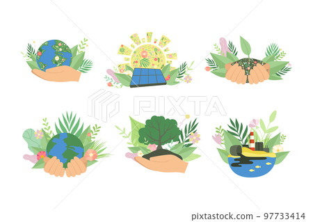 Ecological environmental problems and alternative renewable energy sources set. Ecology and environmental protection cartoon vector illustration 97733414