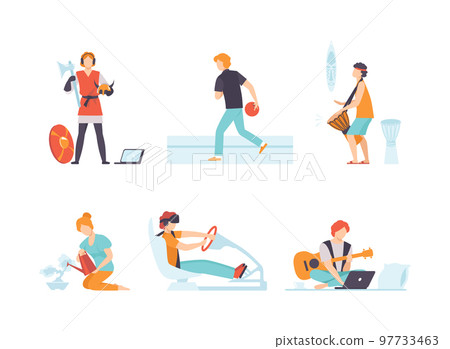 Young Male and Female Engaged in Hobby and Recreation Activity Vector Set Young Male and Female Engaged in Hobby and Recreation Activity Vector Set 97733463
