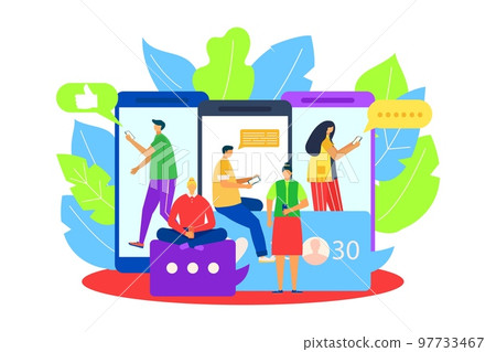 Online internet chat in smartphone, vector illustration. People man woman character use mobile app technology for communication, message network Online internet chat in smartphone, vector illustration. People man woman character use mobile app technology for communication, message network 97733467