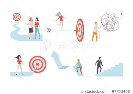 Young Man and Woman Engaged in Business Goal Achievement Aiming at Target Vector Set Young Man and Woman Engaged in Business Goal Achievement Aiming at Target Vector Set 97733468