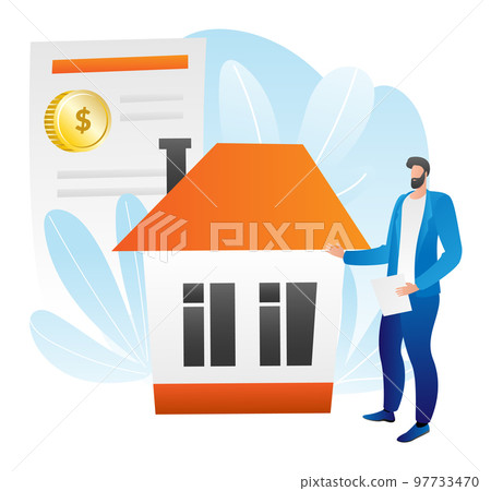 Mortgage concept vector illustration. Flat people man woman character get cash banking loan for buying house, financial agreement 97733470