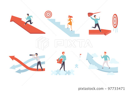 Young Man and Woman Engaged in Business Goal Achievement Aiming at Target Vector Set Young Man and Woman Engaged in Business Goal Achievement Aiming at Target Vector Set 97733471