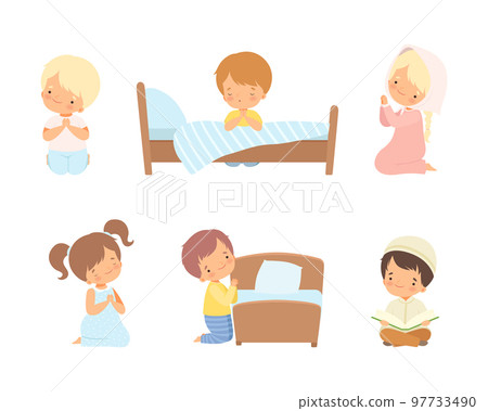 Little Kid Kneeling and Praying with Folded Hands Vector Set 97733490
