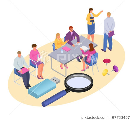 Isometric job recruitment concept, vector illustration. Man woman people character make interview with employee. Hr team work for cartoon company 97733497