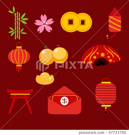 New Year icon set elements on red background. New Year icon set elements on red background. 97733789