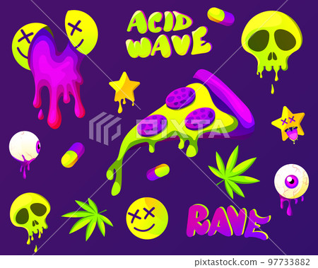 Rave trip collection with psychedelic stickers. Psychedelic acid elements andcharacters. mouth with tongue and UFO, eye, mushrooms, pills, pizza acid backgrounds. 97733882