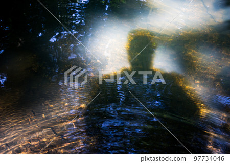 Shadow of a man on the water, black silhouette and water ripple of a forest river Shadow of a man on the water, black silhouette and water ripple of a forest river 97734046