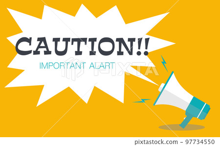 黃色背景上的漫畫風格矢量插圖，帶有從揚聲器擴音器中吹出的公告消息 97734550