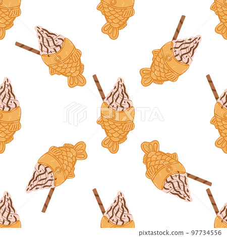 Seamless pattern with taiyaki fish-shaped ice cream cone in cartoon flat style. Hand drawn vector background with traditional Japanese food, sweet, dessert 97734556