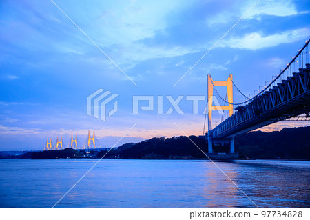 Seto Ohashi Bridge illuminated at night seen from Tatsuchiura Park Kurashiki City, Okayama Prefecture 97734828
