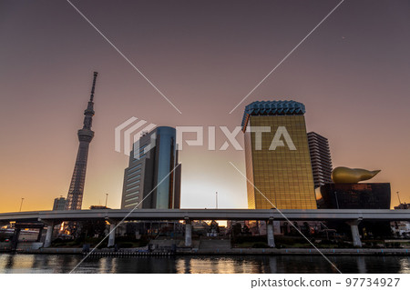"Tokyo" Overlooking the Tokyo Sky Tree from the Sumida River Terrace Dawn 97734927