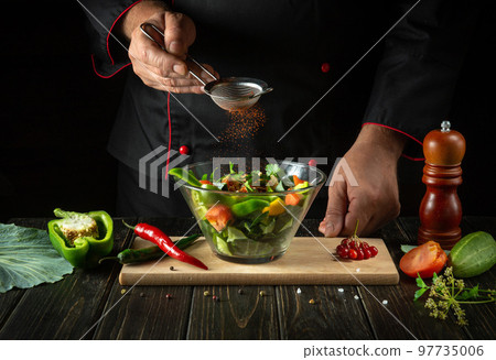 The chef adds flavoring to the vegetable salad. Vegetarian food by hands of the cook in the kitchen. Menu idea for a hotel or restaurant 97735006