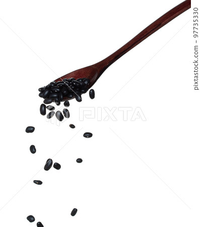 Black Bean fall, black grain beans explode abstract cloud fly from wooden spoon. Beautiful complete seed pea bean, food object design. Selective focus freeze shot white background isolated 97735330