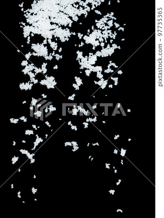 Salt flying explosion, crystal white grain salts explode abstract cloud fly. Beautiful complete seed salt splash in air, food object design. Selective focus freeze shot black background isolated 97735365