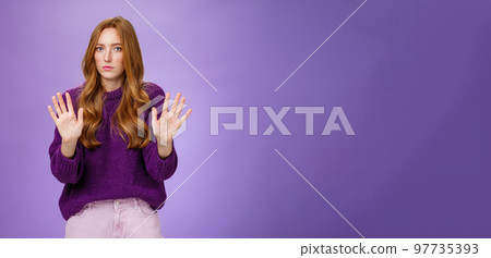 I pass, not even look at me. Portrait of displeased sorrow and intense redhead woman refusing participate in suspicious plan waving hands near chest in rejection looking serious at camera 97735393