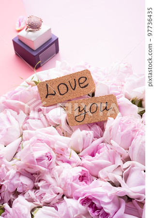 plate of pink fresh fragrance roses with ring around double pink background. love you sign. romantic and beauty concept plate of pink fresh fragrance roses with ring around double pink background. love you sign. romantic and beauty concept 97736435