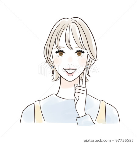 微笑的女人用手指放在臉頰上思考 微笑的女人用手指放在臉頰上思考 97736585