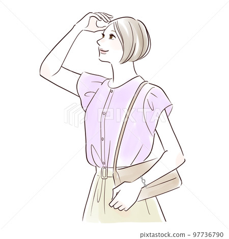 A smiling woman holding her hand and looking into the distance 97736790