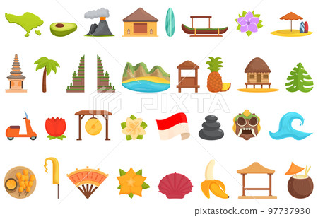 Bali icons set cartoon vector. Indonesia flower. Summer travel Bali icons set cartoon vector. Indonesia flower. Summer travel 97737930