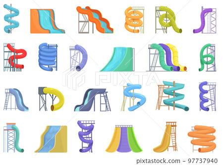 Aquapark slide icons set cartoon vector. Water travel. Sea wave 97737940