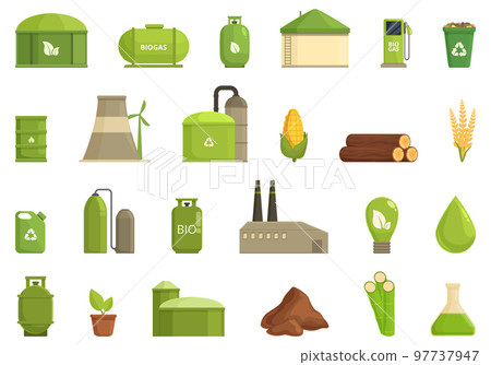 Biogas icons set cartoon vector. Biomass ethanol. Energy biofuel Biogas icons set cartoon vector. Biomass ethanol. Energy biofuel 97737947