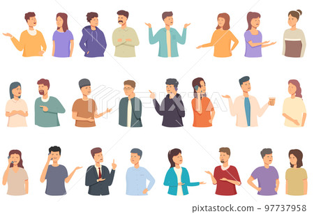 Serious conversation icons set cartoon vector. Business phone. Phone mobile Serious conversation icons set cartoon vector. Business phone. Phone mobile 97737958